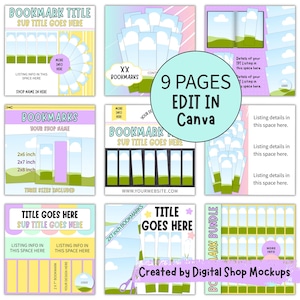 Includes nine pages of bookmark mockup templates to create digital product listing images.  Edit the bookmark mockup templates in Canva.  Bright and colorful mockup bundle.