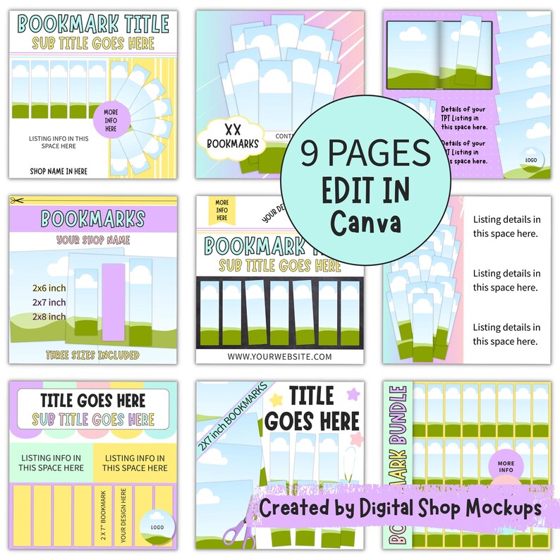Includes nine pages of bookmark mockup templates to create digital product listing images.  Edit the bookmark mockup templates in Canva.  Bright and colorful mockup bundle.