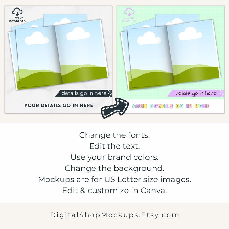 Coloring Page Mockup templates edit in Canva change the fonts, change the text, use your brand colors, change the background, mockups are for US Letter size, edit and customize the coloring book mockups in Canva.  Made by Digital Shop Mockups.