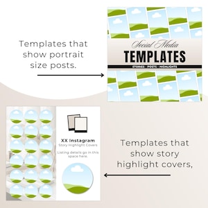 May include: Digital social media templates featuring a grid of landscape images with green hills and blue skies. The text reads Social Media TEMPLATES STORIES POSTS HIGHLIGHTS and XX Instagram Story Highlight Covers Listing details go in this space here.