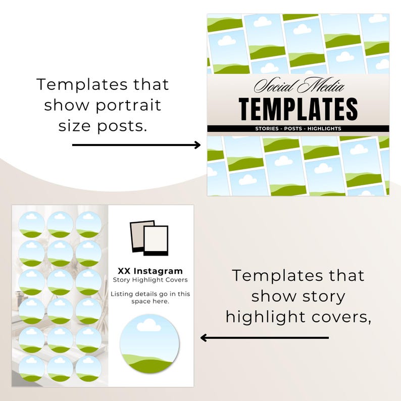May include: Digital social media templates featuring a grid of landscape images with green hills and blue skies. The text reads Social Media TEMPLATES STORIES POSTS HIGHLIGHTS and XX Instagram Story Highlight Covers Listing details go in this space here.