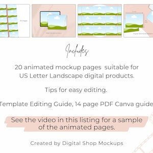 The animated video mockup bundle includes 20 animated mockup pages suitable for US Letter Landscape digital products.  Tips for easy editing included as well as a Template Editing Guide 14 page PDF.  Created by Digital Shop Mockups.  Images shows 4 or the 20 pages included in the video template mockup bundle.