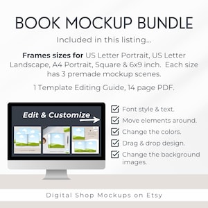Magazine, ebook, workbook Canva mockup frames and mockup scene templates for adverting digital products.  This mockup bundle is a digital product and you will need a Canva account to edit and customize the templates.