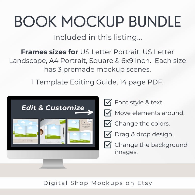 Magazine, ebook, workbook Canva mockup frames and mockup scene templates for adverting digital products.  This mockup bundle is a digital product and you will need a Canva account to edit and customize the templates.