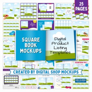 May include: A set of digital product listing templates for square book mockups. The image showcases various mockups, including open books, individual pages, and a computer screen, designed for Etsy sellers. The text reads "Square Book Mockups" and "Digital Product Listing Templates".