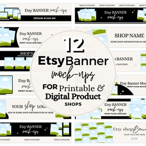 Maqueta de banner de Etsy, kit de marca de tienda, paquete de banner grande, venta de productos imprimibles en Etsy, vendedor de productos digitales, plantillas de Canva con función de arrastrar y soltar