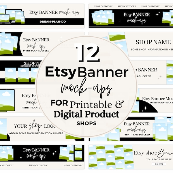 Etsy Banner Mockup, Shop Branding Kit, Big Banner Bundle, Sell Printables on Etsy, Digital Product Seller, Drag and Drop Canva Templates