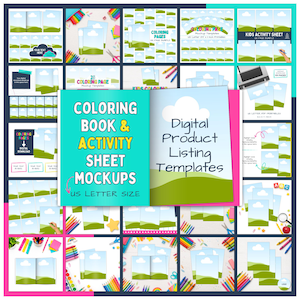 May include: A collection of digital product listing templates for coloring books and activity sheets. The mockups are US letter size and include various page layouts with space for text and images. The cover features the text "COLORING BOOK & ACTIVITY SHEET MOCKUPS".