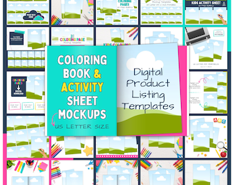 Maqueta de páginas para colorear, maqueta de libro para colorear, página de actividades tamaño carta estadounidense, plantilla de anuncio de Etsy para producto digital, diseño de arrastrar y soltar en Canva