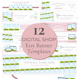 Modelos de maquete de banner grande Etsy Loja digital Kit de banner grande Etsy rosa colorido Etsy Branding Canva arrastar e soltar maquete de design