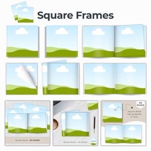 Square book frames for Canva plus 3 mockup scenes with square books.  Edit and customize the square digital product mockups in Canva.