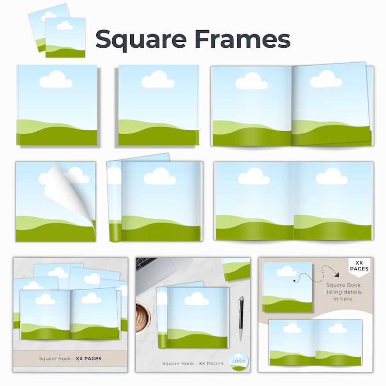 Square book frames for Canva plus 3 mockup scenes with square books.  Edit and customize the square digital product mockups in Canva.