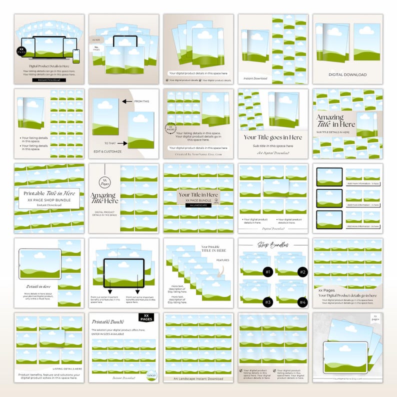 Showing 25 of the 90 Etsy Mockup template pages for A4 digital product mockups.  Neutral designs that can be edited and customized in Canva to suit your digital product branding.