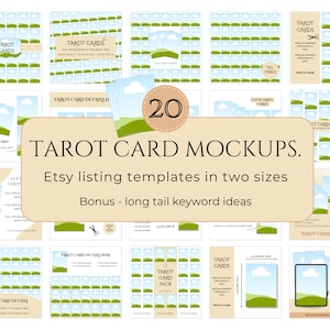 初心者向けタロットカードのモックアップ、印刷可能なEtsy出品リスト、オラクルカードデッキ、占い師カード、3.5 x 5ミスティック占星術、チートシートのモックアップ