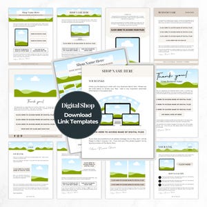 May include: A selection of digital shop download link templates. The templates have a clean, minimalist design with a light beige and green colour scheme. The text includes "Shop Name Here" and "Digital Shop Download Link Templates".