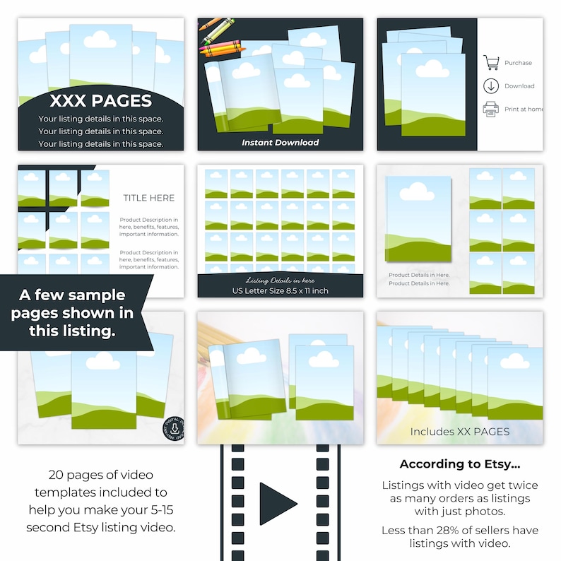 Included in the coloring page mockup bundle for digital product shops are 20 pages of video templates for you to created your 5-15 second Etsy listing video.