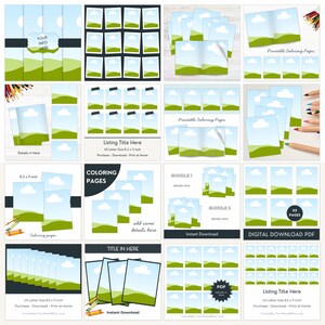 Various layouts of coloring book and coloring page mockups.  Save hours in the Etsy listing image process with mockup templates for digital product shops.