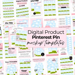 Könnte beinhalten: Eine Sammlung von Pinterest-Pin-Mockup-Vorlagen für digitale Produkte mit einem pastellrosa und blauen Farbschema mit Wolken und grünen Hügeln. Der Text "Digital Product Pinterest Pin Mockup Templates" wird in einer großen weißen Schrift angezeigt.