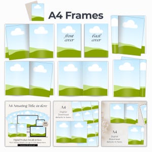 A4 book frames to use in Canva, includes paper frames, open page books, front and back covers.  Plus 3 mockup scenes, edit and move the elements around, drag and drop in images of your digital products.