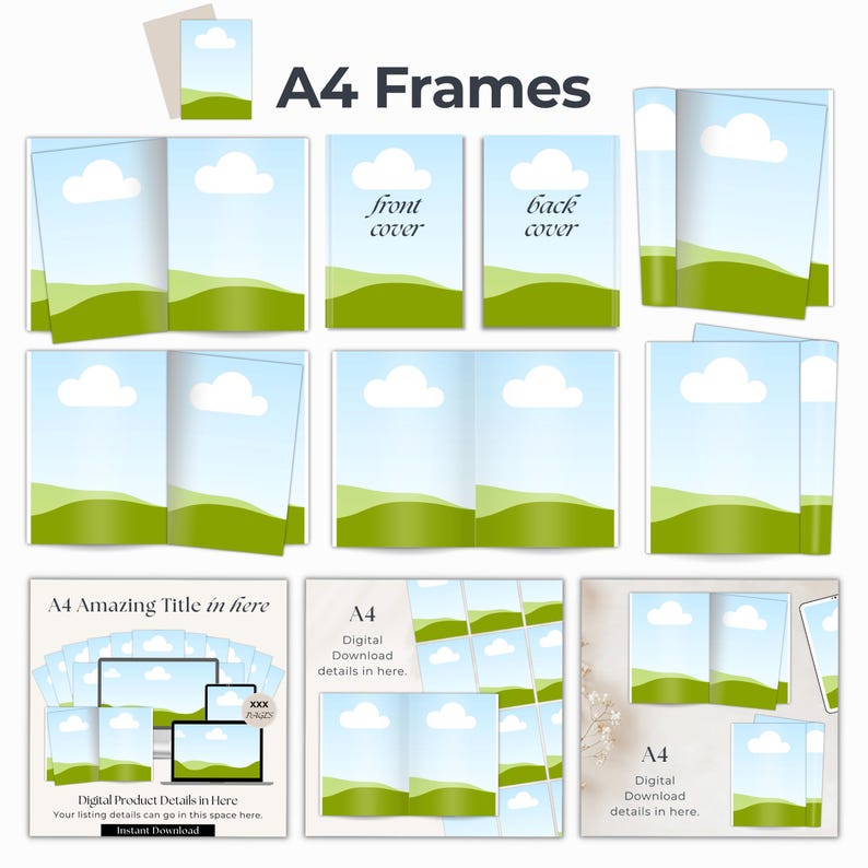 A4 book frames to use in Canva, includes paper frames, open page books, front and back covers.  Plus 3 mockup scenes, edit and move the elements around, drag and drop in images of your digital products.