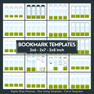 May include: A grid of bookmark templates in various designs. The templates include a blue sky and green grass design. The text "BOOKMARK TEMPLATES 2x6 - 2x7 - 2x8 inch" is displayed. The image is for digital shop mockups and Etsy listing templates.