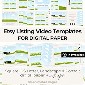 Modelo de vídeo Etsy, pacote de mockup de papel digital, vídeo animado Canva, pacote de papel quadrado, página tamanho carta dos EUA, mockup de download digital
