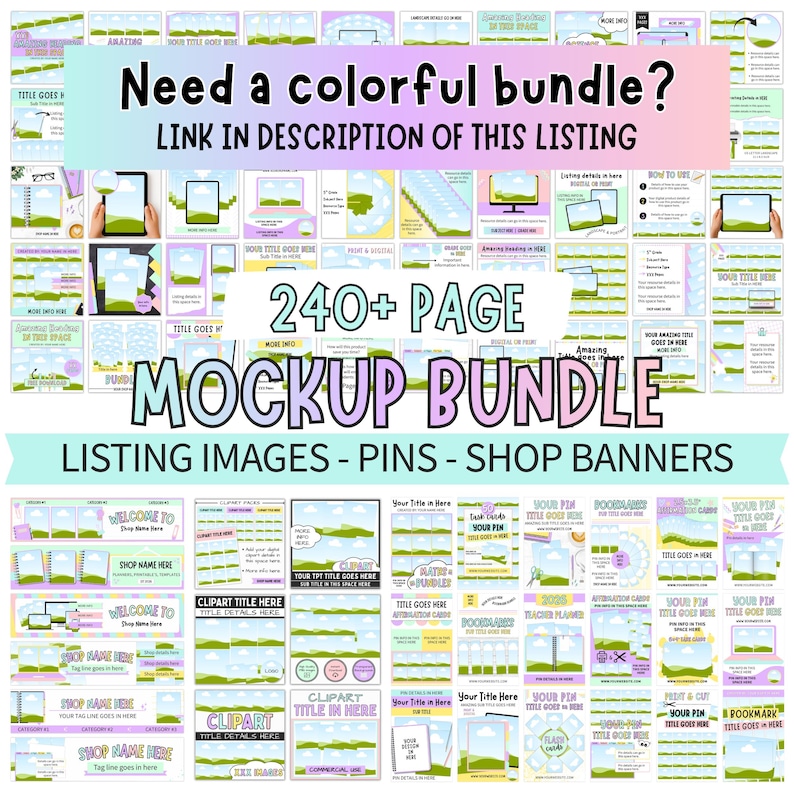 For the 240 plus page colorful mockup bundle use the link in the description of this listing.  The 240 plus colorful mockups bundle includes Etsy listing images, Pinterest Pins and Shop banner templates.  Colors and fonts can be edited in Canva.  The colorful mockup bundle is suitable for digital product sellers on Etsy and Teachers Pay Teachers.