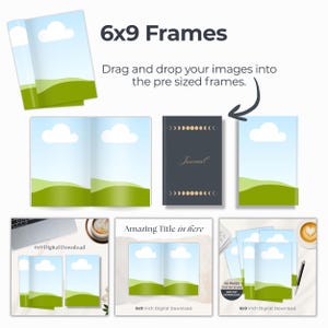 6x9 digital product frames frames. 6x9 size open page book mockup.  3 mockup scenes with 6x9 book pages.  Drag and drop digital product design.  Edit and customize in Canva.