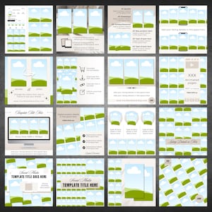 May include: A digital social media template set featuring multiple layouts with placeholders for images, text, and branding. The designs include grid views, mobile phone mockups, and story frames with a repeating blue sky and green hill graphic.