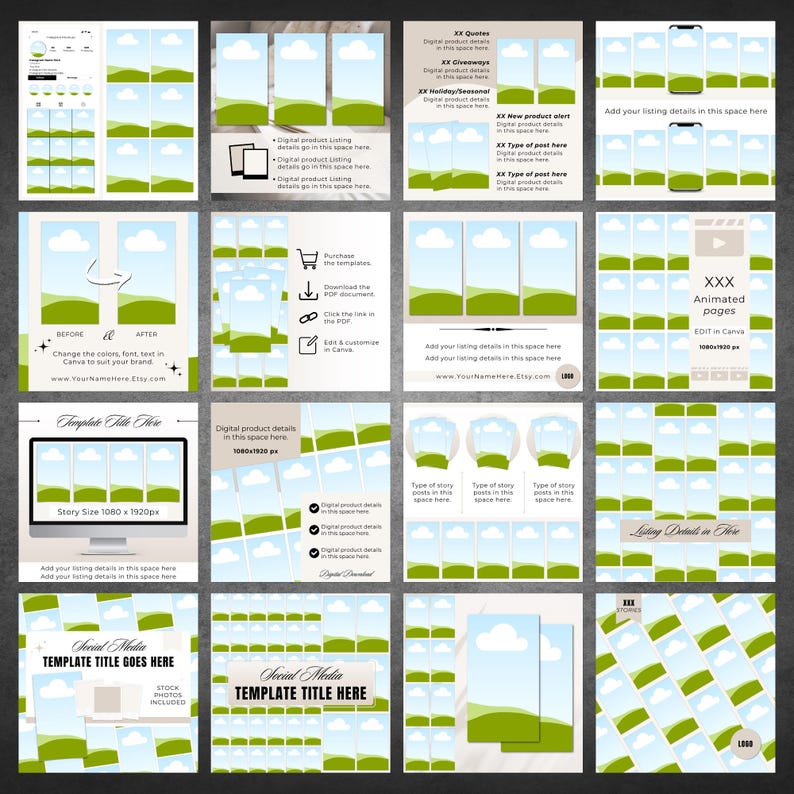 May include: A digital social media template set featuring multiple layouts with placeholders for images, text, and branding. The designs include grid views, mobile phone mockups, and story frames with a repeating blue sky and green hill graphic.