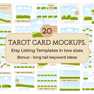 Tarot-Karten-Mockups, Etsy Miniaturbilder, Mock-Ups für druckbare Orakel-Karten, Canva-Vorlagen-Bundle bearbeiten, Schlüsselwörter, Tags und Titel