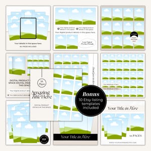 The download link templates come with a bonus of 10 Etsy listing templates for digital product sellers.  Save time creating your Etsy listing images with these digital product mockups for Etsy.