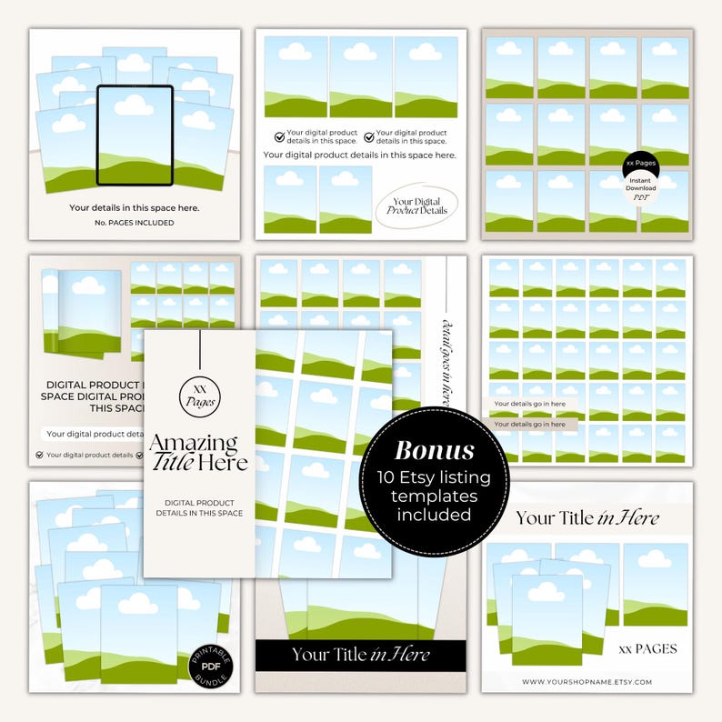 The download link templates come with a bonus of 10 Etsy listing templates for digital product sellers.  Save time creating your Etsy listing images with these digital product mockups for Etsy.