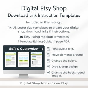 Pode incluir: Modelos de instru&ccedil;&otilde;es de download para loja Etsy digital, incluindo 14 modelos em tamanho carta, 10 maquetes de listagem e um guia em PDF de 14 p&aacute;ginas. A tela exibe tr&ecirc;s layouts de documentos personaliz&aacute;veis com texto, cores e imagens edit&aacute;veis.