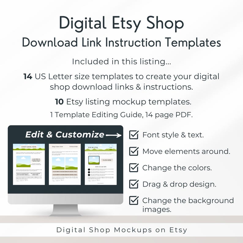 Pode incluir: Modelos de instru&ccedil;&otilde;es de download para loja Etsy digital, incluindo 14 modelos em tamanho carta, 10 maquetes de listagem e um guia em PDF de 14 p&aacute;ginas. A tela exibe tr&ecirc;s layouts de documentos personaliz&aacute;veis com texto, cores e imagens edit&aacute;veis.