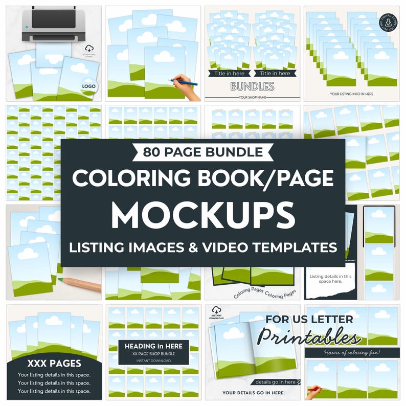 Coloring book mockup templates.  Digital printable coloring page mockup templates, included Etsy listing images and video templates.  80 page mockup bundle for digital products like coloring pages.  Great for US Letter size printables.