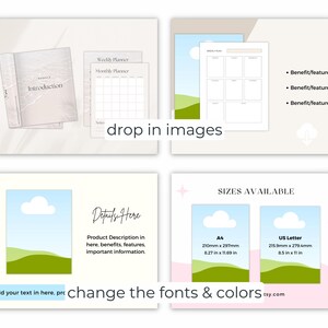 Image shows templates with images dropped into the frames and the fonts and colors changed.