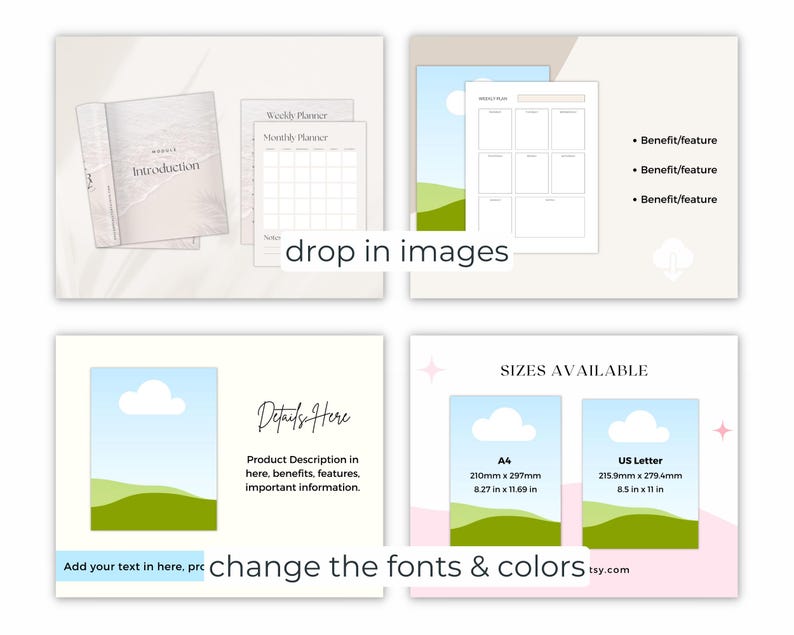 Image shows templates with images dropped into the frames and the fonts and colors changed.