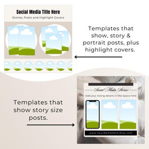 May include: Digital social media templates featuring placeholders for stories, portrait posts, and highlight covers. The graphics display landscape illustrations with blue skies, white clouds, and green hills, including text fields for titles and URLs.