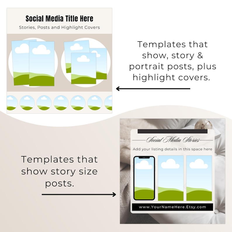 May include: Digital social media templates featuring placeholders for stories, portrait posts, and highlight covers. The graphics display landscape illustrations with blue skies, white clouds, and green hills, including text fields for titles and URLs.