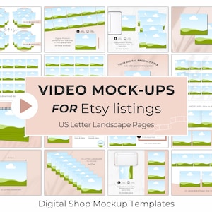 May include: A collection of digital shop mockup templates for Etsy listings. The templates include various layouts with landscape pages, featuring images of landscapes with blue skies and green hills. Text includes "VIDEO MOCK-UPS FOR Etsy listings" and "US Letter Landscape Pages."