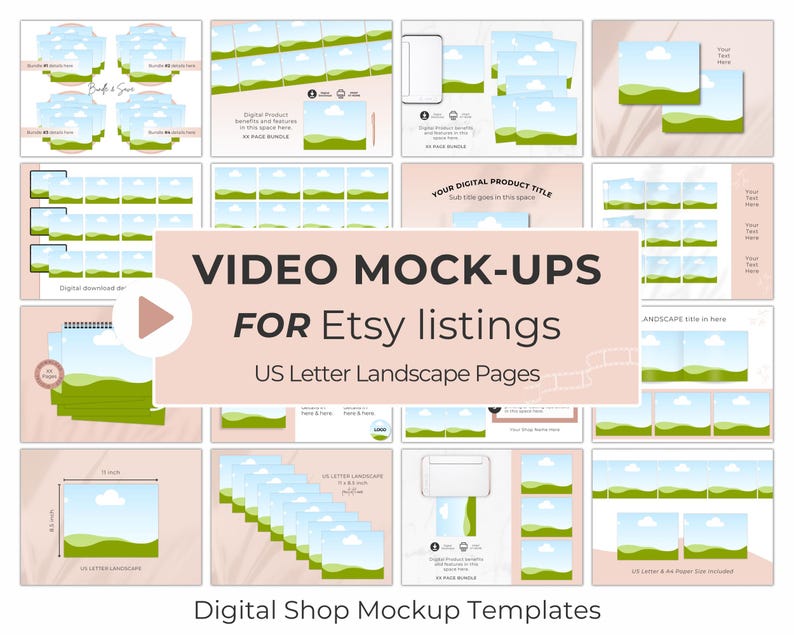 Animated Etsy listing video templates for digital product sellers.  Suitable for US Letter Landscape digital products.  20 pages of mockup templates to create a 5-15 second Etsy listing video.  The animated video mockups are in rose gold color, all fonts, colors, text and layouts can be edited in the free or pro versions of Canva.  Made by Digital Shop Mockups on Etsy.