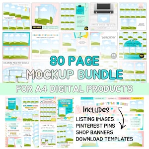 May include: A mockup bundle for A4 digital products, featuring 80 pages. Includes listing images, Pinterest pins, shop banners, and download templates. The design has a light green and white color scheme with text overlays.