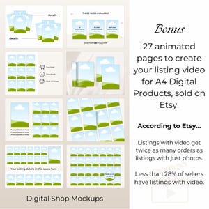 A bonus in the A4 Digital Product Mockup bundle for Etsy digital sellers is 27 pages of animated video templates, so you can created you 5-15 second Etsy listing video.