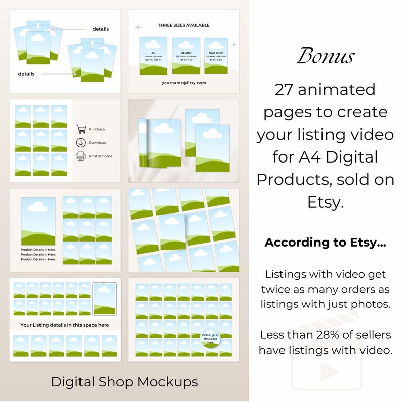 A bonus in the A4 Digital Product Mockup bundle for Etsy digital sellers is 27 pages of animated video templates, so you can created you 5-15 second Etsy listing video.