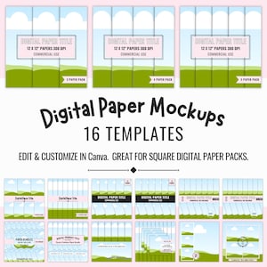 May include: Digital paper mockups with 16 templates. The image shows various digital paper packs with a landscape design, including blue skies, green fields, and white clouds. Each pack is labeled with the text "Digital Paper Title" and "12 x 12" Papers 300 DPI Commercial Use."