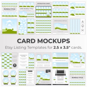 Puede incluir: Una colección de plantillas de listado de Etsy para tarjetas de 2,5 x 3,5 pulgadas. La imagen presenta varias maquetas, incluyendo paquetes de tarjetas, tarjetas de afirmación y diseños PDF imprimibles. El texto incluye "Card Mockups" y "Bundle Title".
