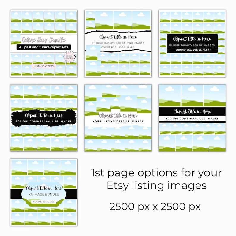 Clipart mockup templates for your Etsy listing images.  These pages are perfect for creating the first image on your clipart digital product Etsy listing.
