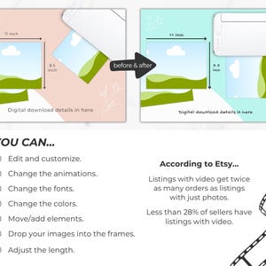 Edit and customize the Canva editable video templates.  Change the animations, change the fonts, change the colors, move and add elements, drop your images into the frames, adjust the length of the video.  According to Etsy listings with video get more views that listings with just photos.  Image shows before and after of colors and fonts changed on one of the video mockup template pages.