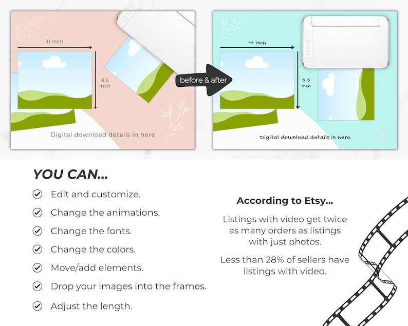 Edit and customize the Canva editable video templates.  Change the animations, change the fonts, change the colors, move and add elements, drop your images into the frames, adjust the length of the video.  According to Etsy listings with video get more views that listings with just photos.  Image shows before and after of colors and fonts changed on one of the video mockup template pages.